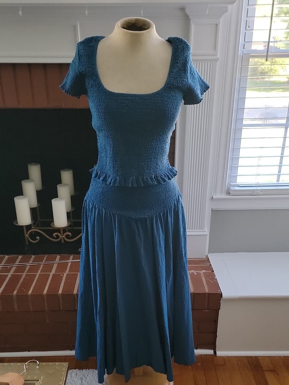 Free People Teal Blue Smocked  Skirt Set with Short Sleeves